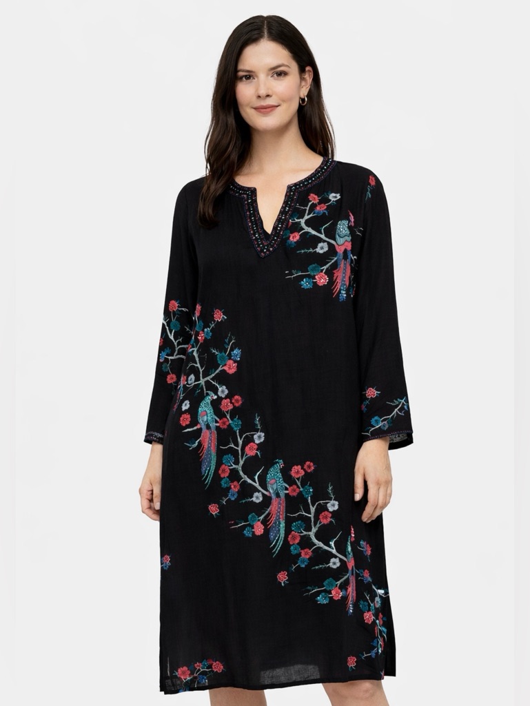 Bella Tu Black Embroidered Bird Tunic Dress With Floral Motif